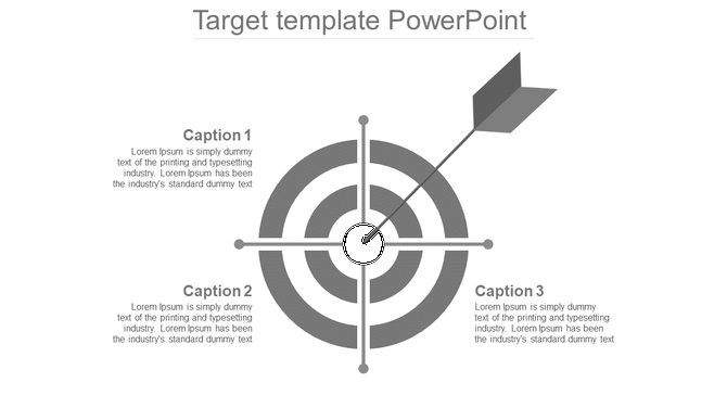 Monochrome target infographic with an arrow hitting the bullseye, surrounded by three text  linked with caption areas. 