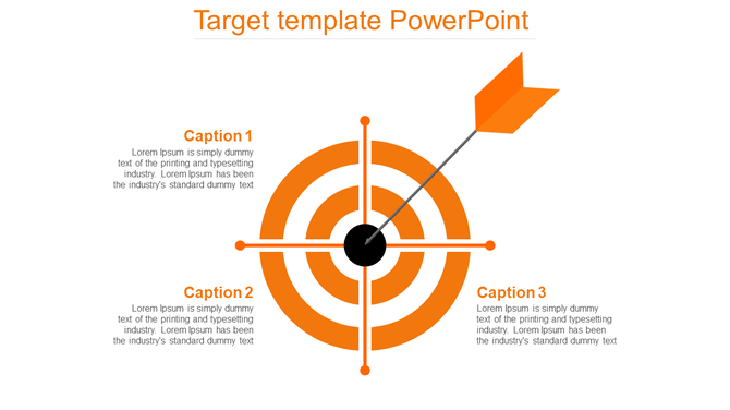 Target diagram slide with an orange bullseye and three captions representing different goals with placeholder text.
