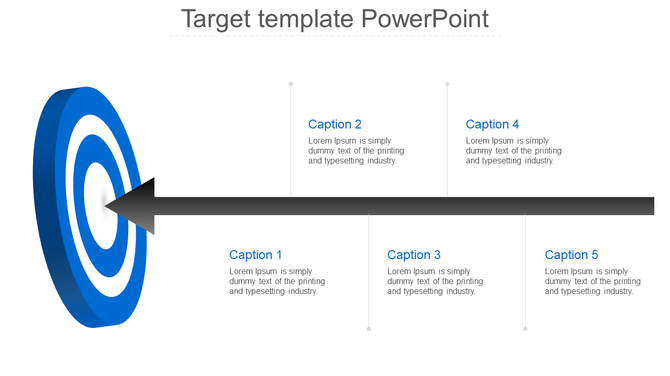 Target infographic with a black arrow striking a blue bullseye on the left, connected to five captioned text boxes. 