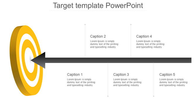 Target infographic with a black arrow striking a yellow bullseye on the left, connected to five captioned text boxes.