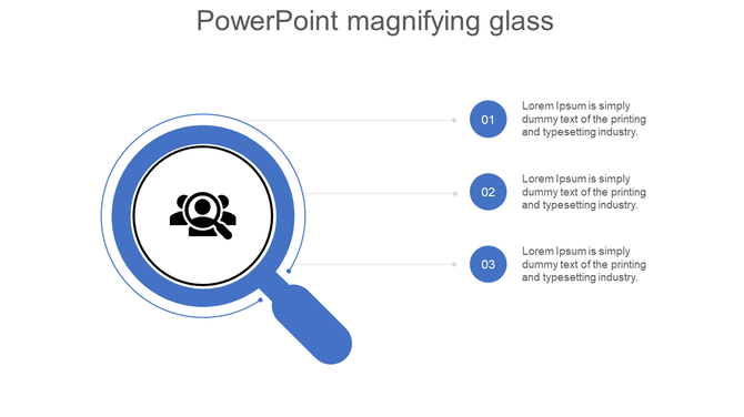 PowerPoint magnifying glass template with a focus on a user icon, accompanied by three captions.