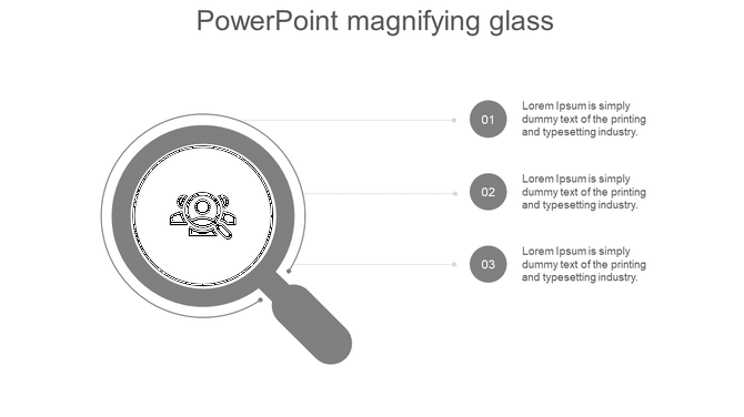 Gray themed infographic with a magnifying glass icon on the left and three numbered text sections on the right.