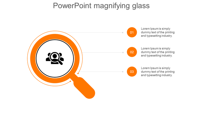 PowerPoint magnifying glass template in orange, featuring a magnified user icon with three caption areas.