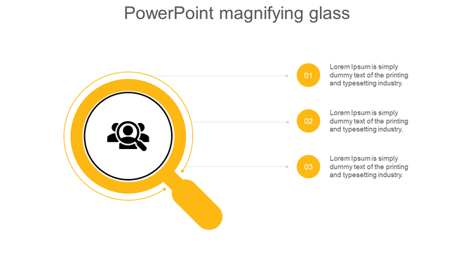 Yellow magnifying glass PowerPoint slide with a user icon and three bullet points with placeholder text.