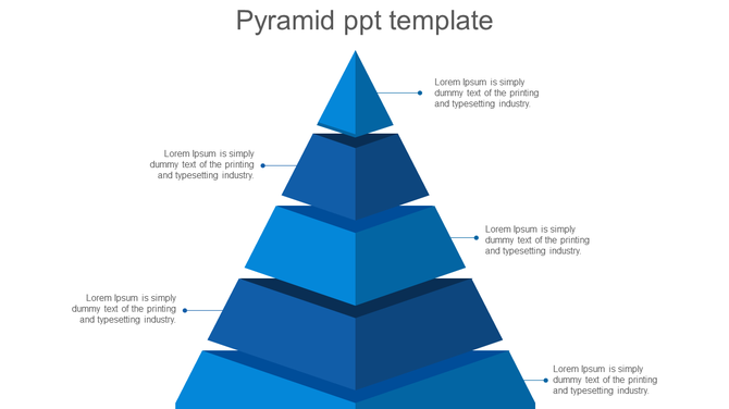 Blue 3D pyramid infographic with five stacked layers, each connected to text placeholders by thin lines. 