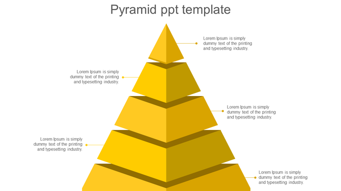 Segmented yellow pyramid diagram with five levels, each labeled with a text placeholder linked by lines. 