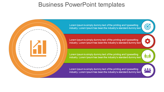 Business PowerPoint template with four colorful sections, each with an icon and space for text.