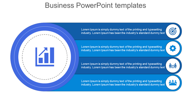 Business slide with a left aligned blue circular icon paired with four right aligned text blocks.