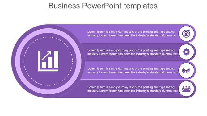 Purple theme business PowerPoint template featuring icons with placeholder text.