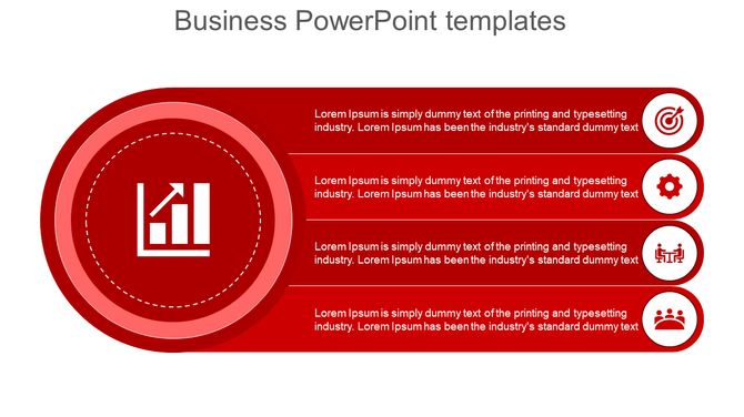 Red business infographic with a large circular graph icon on the left, linked to four horizontal text bars with icons. 