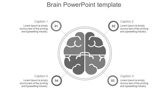 PowerPoint template with circular captions around a brain diagram with placeholder text.