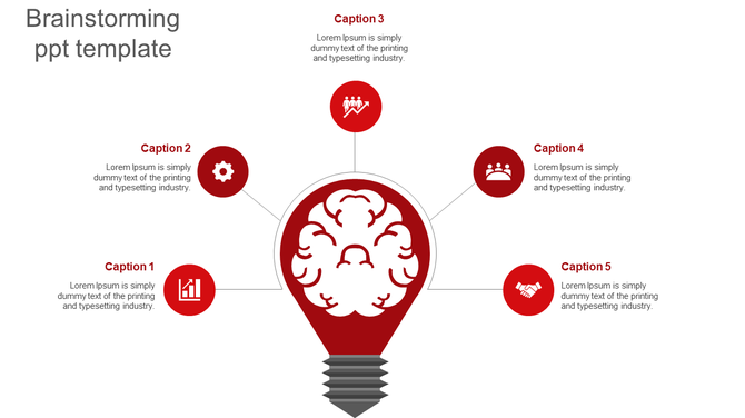 Brainstorming PowerPoint template with a red lightbulb and five labeled icons around it with captions.