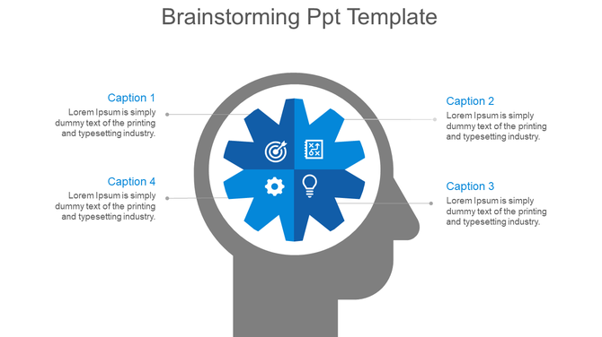 Brainstorming infographic with a blue gear shaped brain inside a head outline, connected to four text captions.