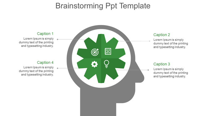 Slide with a gray human profile featuring green gear inspired brain elements, and four text descriptions connected by lines.