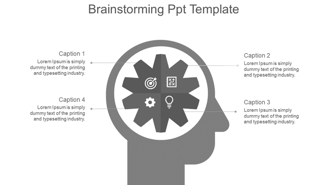 Brainstorming PowerPoint template with a gear inside a grey color head and four sections for captions.