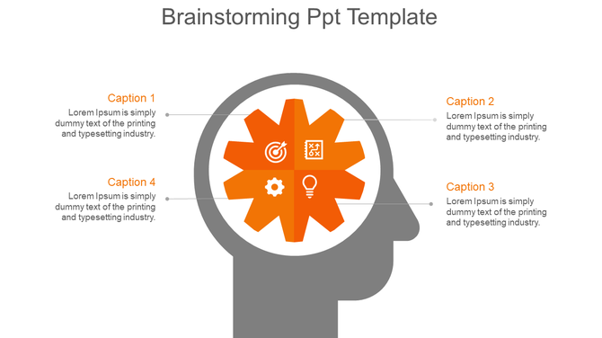 Brainstorming infographic with an orange gear shaped brain inside a head outline, connected to four text captions.