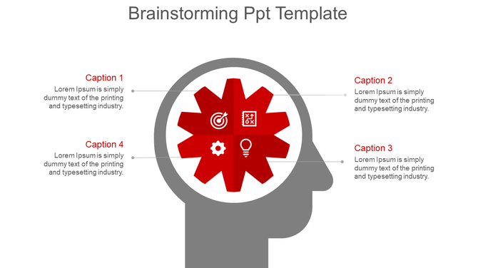 Brainstorming template with four segmented red circular brain diagram inside a gray head silhouette, linked to captions.