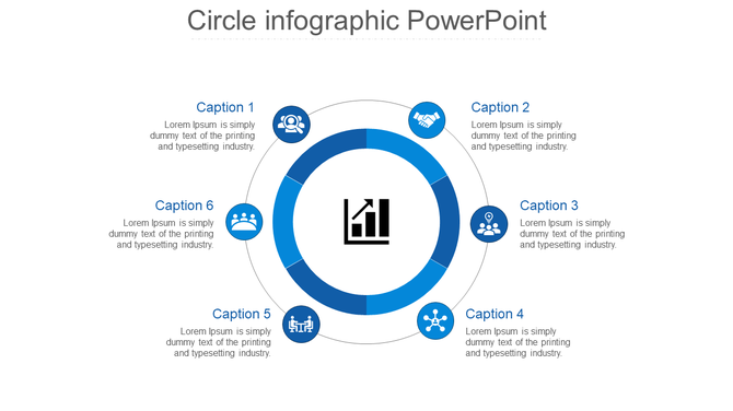 Circular business infographic with six blue nodes surrounding a central graph icon, connected by a segmented blue ring.