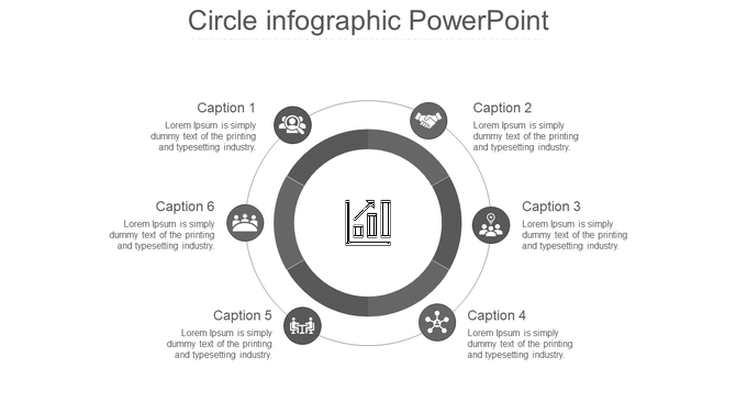 Circle infographic featuring a central graph symbol and a segmented gray ring featuring six captions with icons.