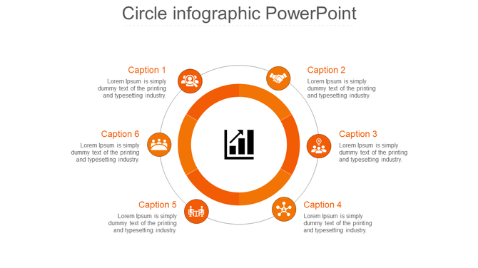 Template featuring an orange circular diagram with six icons representing business concepts arranged around a chart symbol.