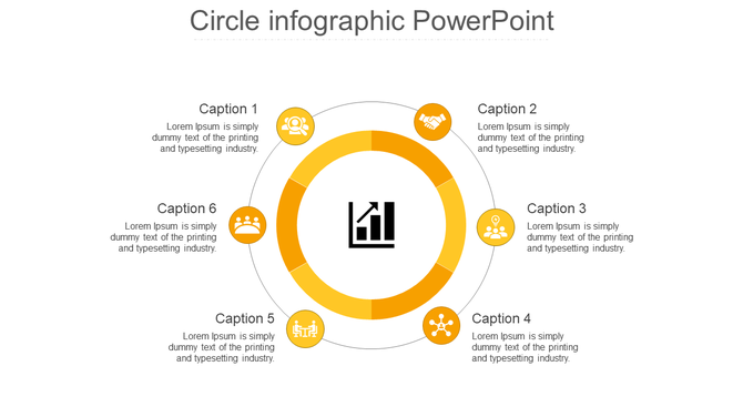 Circular infographic slide with six yellow icons surrounding a central bar chart icon, each icon labeled with a caption.