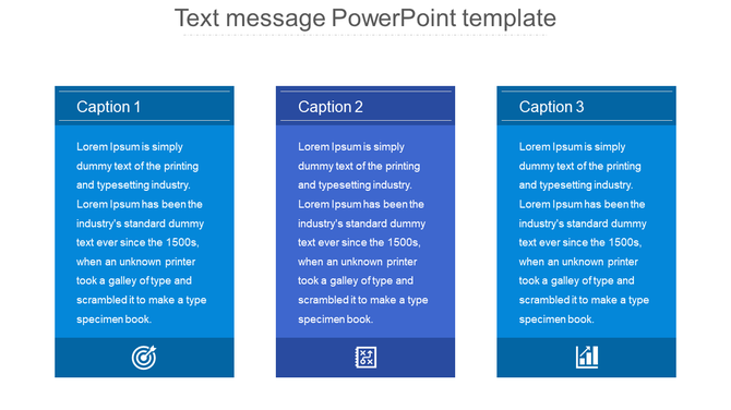 Three rectangular text boxes in varying shades of blue, each with a caption at the top and an icon at the bottom.
