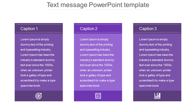 Text message PowerPoint template featuring three purple text boxes with different captions and icons.