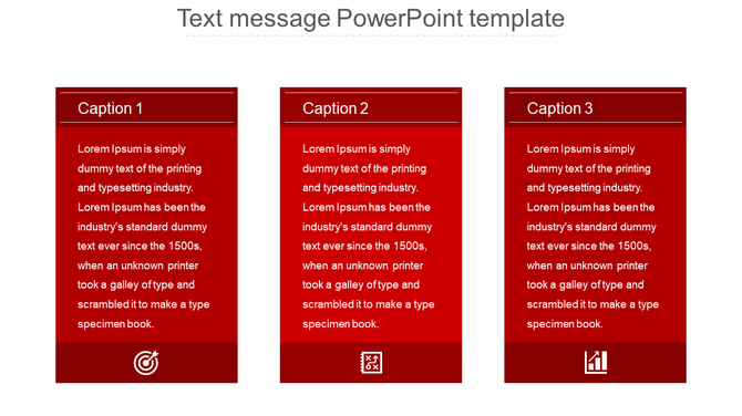 Three red rectangular text boxes with captions at the top, placeholder text, and icons at the bottom, arranged in a row.