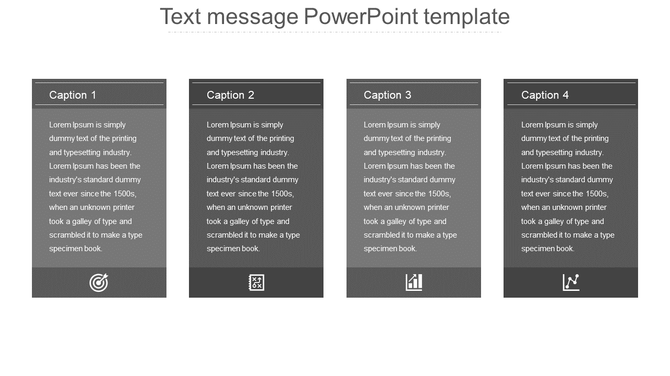 Four vertical panels with captions and placeholder text, each accompanied by an icon at the bottom.