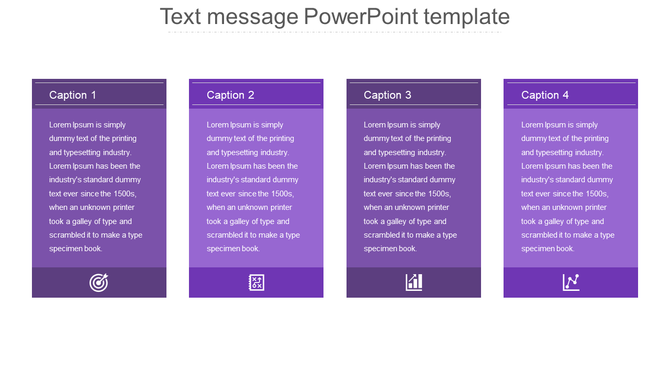 Four vertical purple text boxes with captions, icons at the bottom and a title above, on a white background.