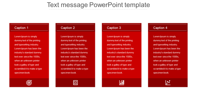 Text message PowerPoint template with four red captioned sections and icons representing different themes.