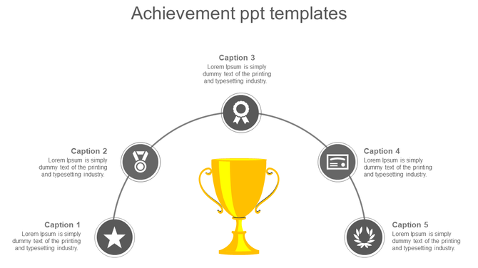 Achievement PowerPoint slide displaying a central trophy and five surrounding captions with icons and placeholder text.