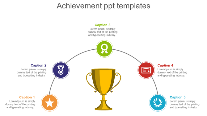 A gold trophy in the center with five colored icons arranged in a semicircle above, each linked to a caption area.