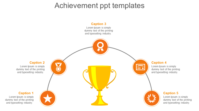 Achievement slide showcasing a trophy in the center and five orange circular icons with text captions.