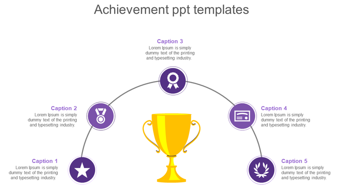 Achievement-themed slide featuring a central golden trophy with icons of medals and awards in a circular layout.