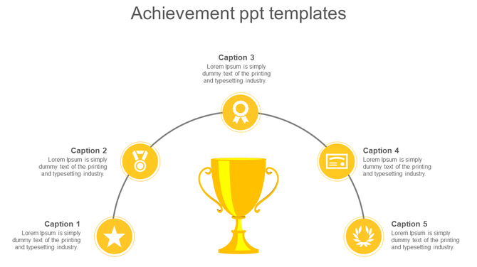 Achievement infographic with a central gold trophy, five icons in yellow circles, and curved connectors leading to captions.