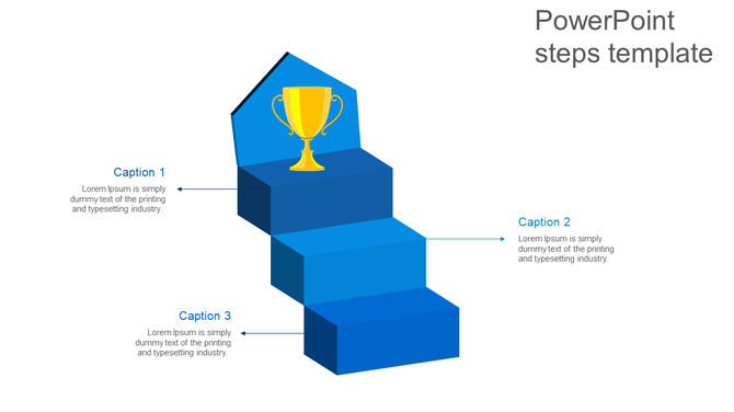 Gradient blue staircase diagram with four steps, a trophy at the top, and labeled captions connected by arrows.