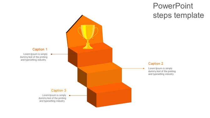 Orange 3D step diagram with three labeled levels leading to a trophy at the top, representing achievement.