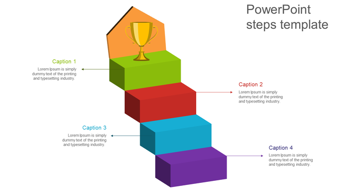 Steps PPT template showing a trophy at the top, with colorful blocks representing four stages with captions.