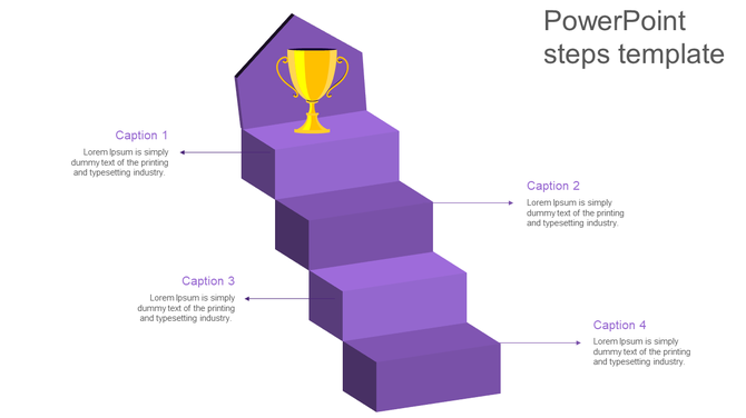 3D staircase in shades of purple with a golden trophy at the top, paired with four captions and arrows on a white background.