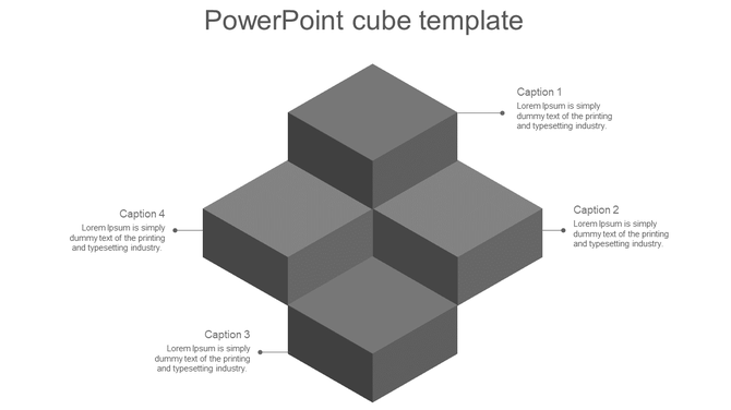 Cube PPT template with four grey cubes arranged in a cross shape, each labeled with a caption.