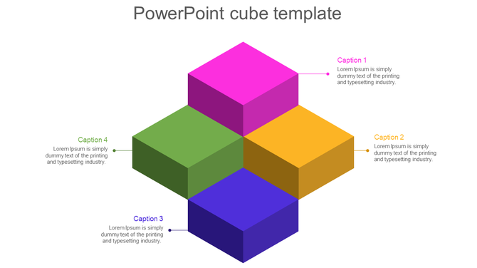 Multicolored cube infographic with four blocks extending from a central point, each connected to a caption by a thin line.