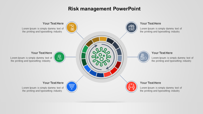 Circular risk management diagram with a central green icon, surrounded by six colored circles in a segmented ring.