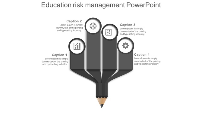 Education risk management diagram slide with four dark sections shaped like a pencil, each with an icon and caption.