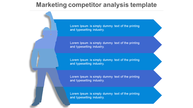 Marketing competitor analysis PPT template featuring five blue arrows with captions and a silhouette figure.
