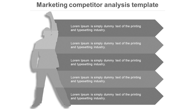 Competitor analysis diagram with a human silhouette on the left and five horizontal text filled arrows on the right.