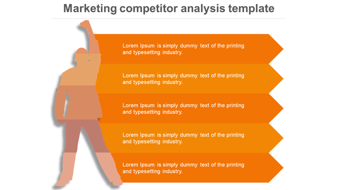 Marketing competitor analysis PPT template featuring five orange arrows with captions and a silhouette figure.