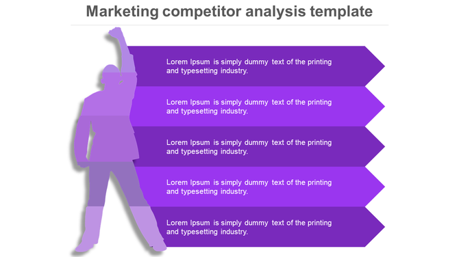 Competitor analysis infographic with a purple human silhouette on the left and five horizontal text filled arrows.