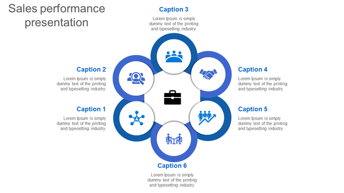 Sales performance presentation with six blue circles, each containing an icon and caption.