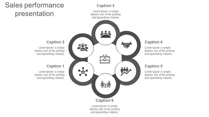 Slide design for sales performance, with six circular icons in a circular pattern, each labeled with captions areas.